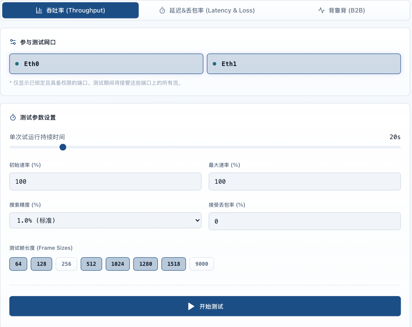 RFC 2544 설정 화면: 테스트 포트, 프레임 길이, 테스트 시간, 부하, 검색 정밀도와 패킷 손실률 임계값 선택