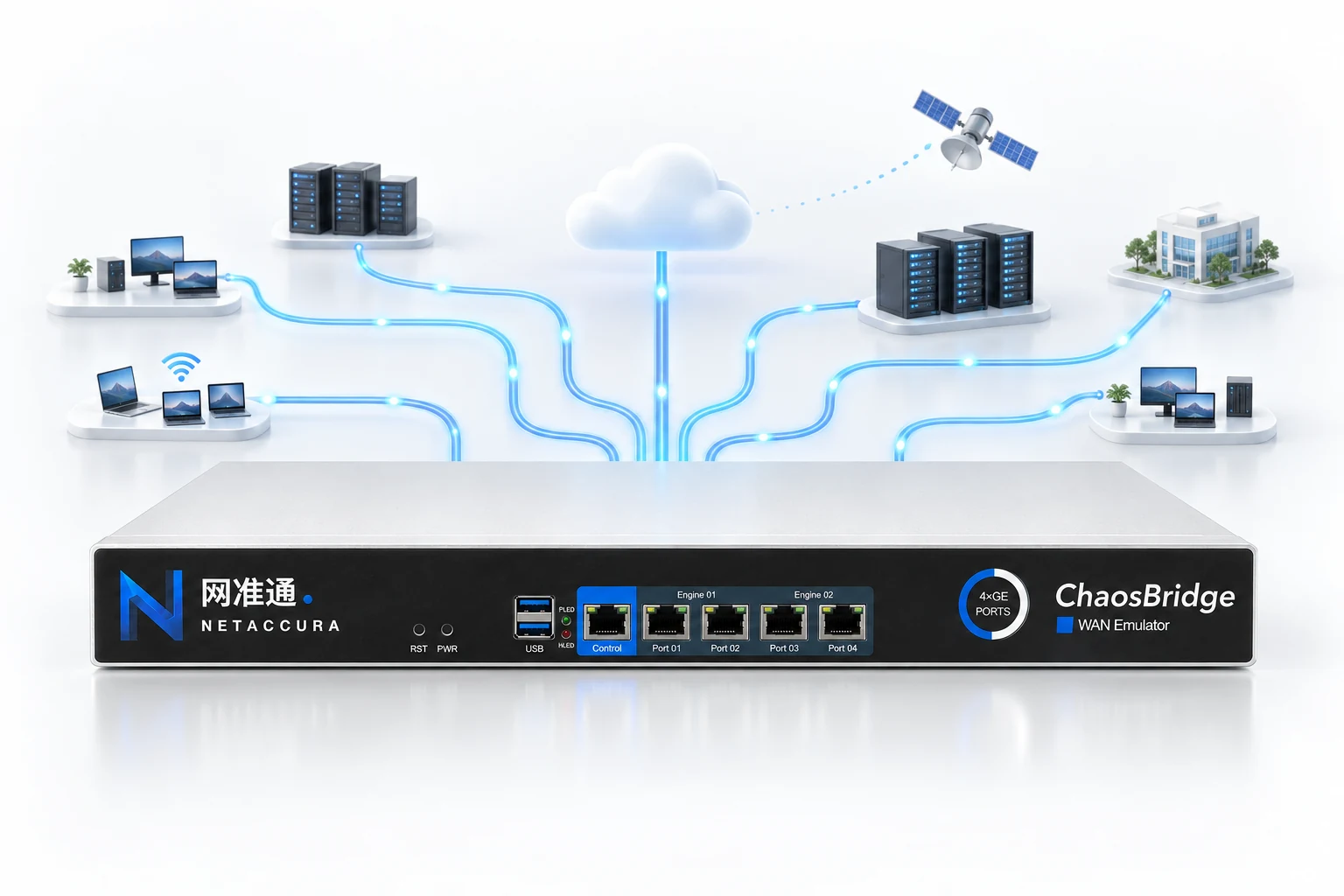 Multi-link network emulation centered on a NetAccura WE-101 WAN emulator