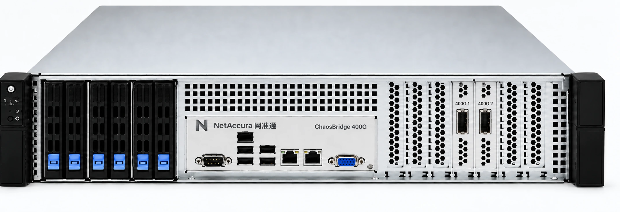 NetAccura ChaosBridge 400G WAN emulator illustration with two separate adapters, each occupying one expansion slot and carrying one vertical 400G optical port